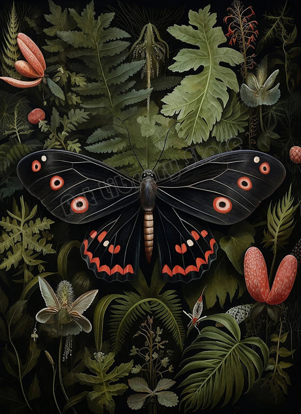 Floral Dark Academia Woodland Blue Moth Black Butterfly Poster Canvas Painting Botanical Wall Art Pictures Halloween Home Decor