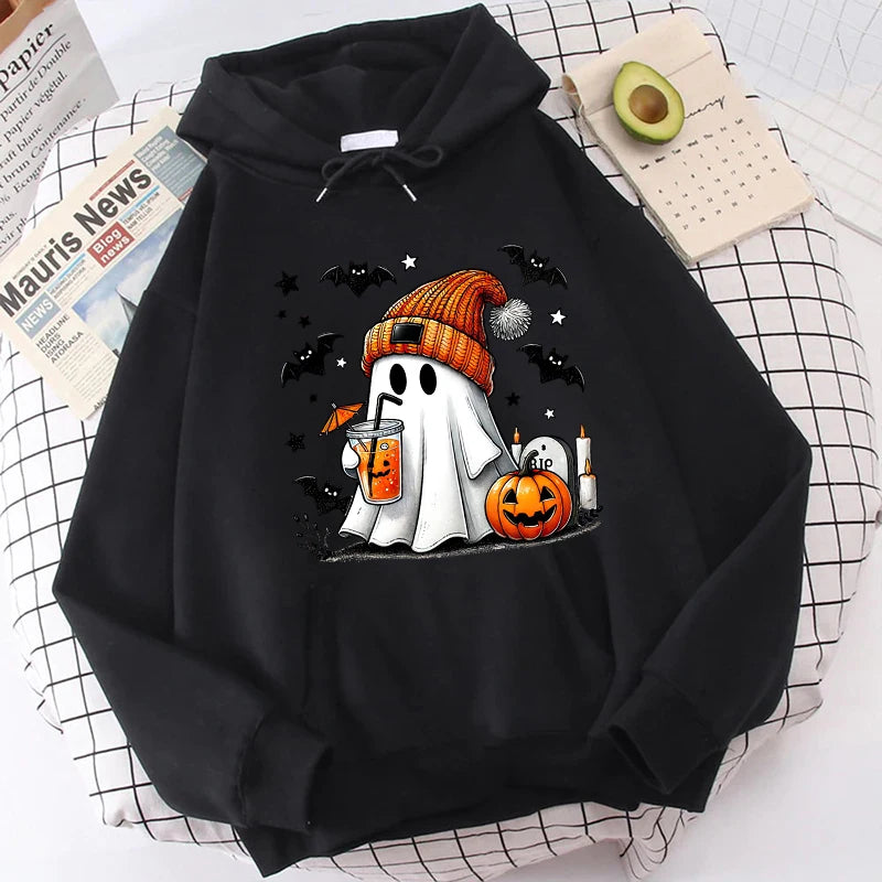 Halloween Ghost Pumpkin Bat Hoodies For Women Fashion Hooded Pullover Teens Casual Long Sleeves Halloween Sweatshirts