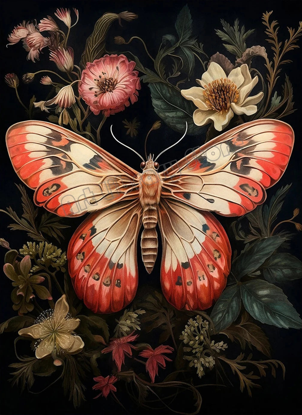 Floral Dark Academia Woodland Blue Moth Black Butterfly Poster Canvas Painting Botanical Wall Art Pictures Halloween Home Decor