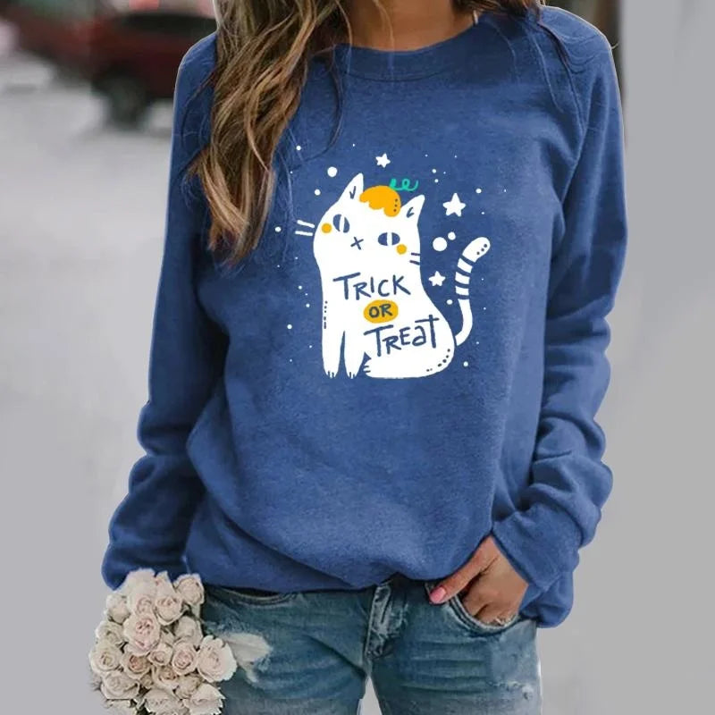 New fashion Halloween cat trick-or-treating printed pullover creative personality sweater loose casual women's clothing