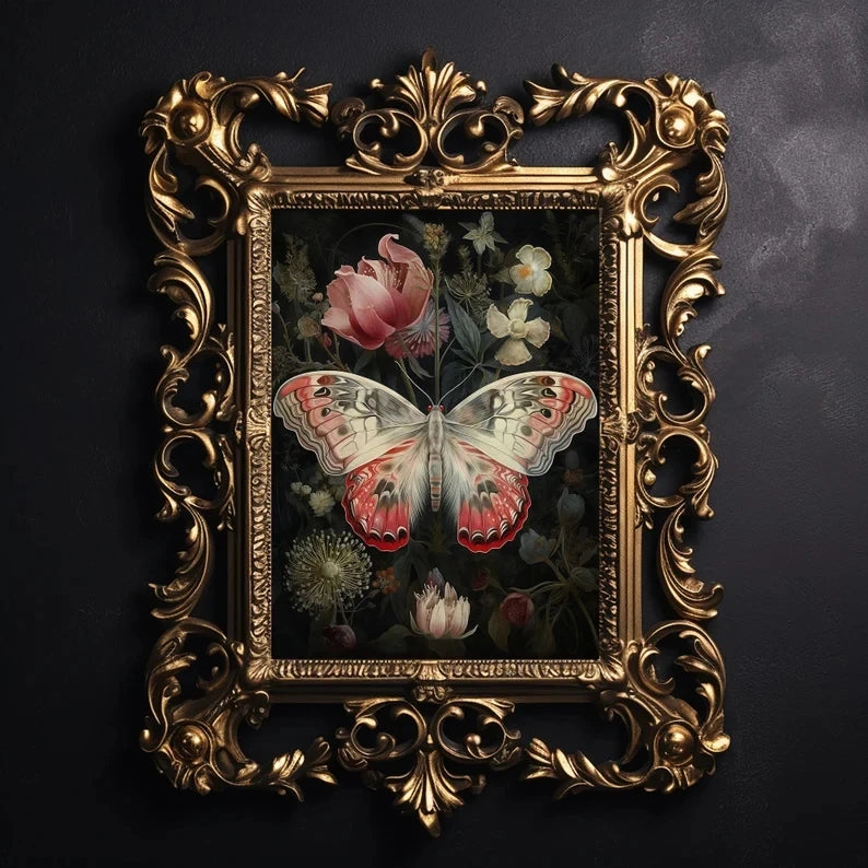 Floral Dark Academia Woodland Blue Moth Black Butterfly Poster Canvas Painting Botanical Wall Art Pictures Halloween Home Decor