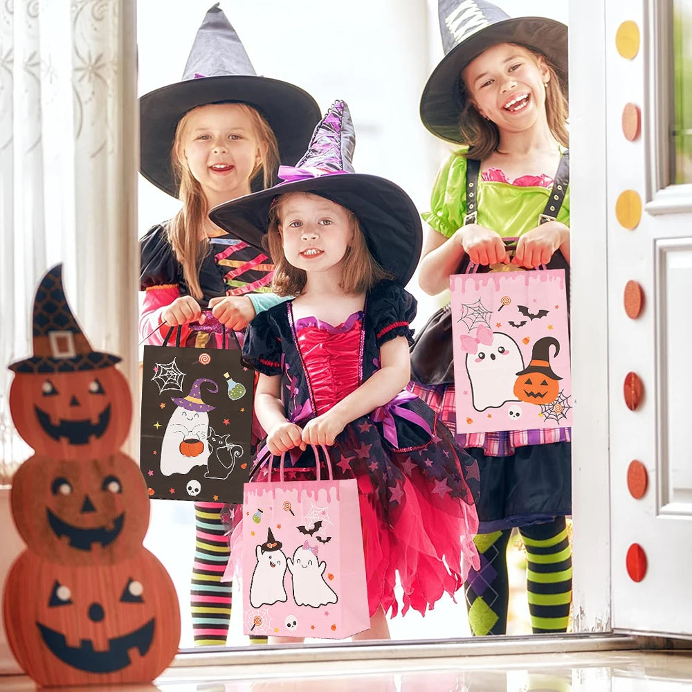 6PCS Halloween Pumpkin Black Pink Candy Gift Bags Trick or Treat Candy Bags with Handles Halloween Party Favor Supplies