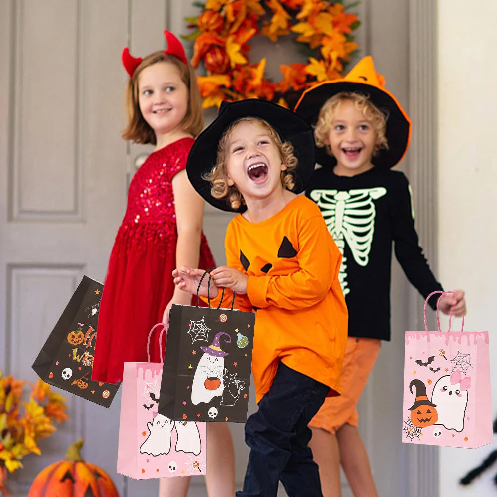 6PCS Halloween Pumpkin Black Pink Candy Gift Bags Trick or Treat Candy Bags with Handles Halloween Party Favor Supplies