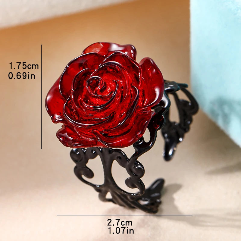 Vintage Gothic Red Rose Ring Adjustable Hollow Rings for Women Witch Pagan Punk Creative Halloween Cool Girl Gift Party Jewelry