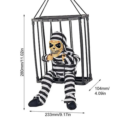 New Halloween Hanging Ghost In Cage Prop Statue Voice Control Cage Design Luminous Skull Figurine Scary Talking Prisoner Decor