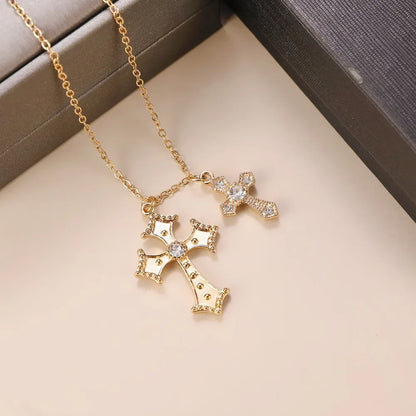 Fashion Double Cross Necklace for Women Collarbone Chain Luxury Zirconia Cross Pendant Necklace Couple Jewelry Halloween Choker