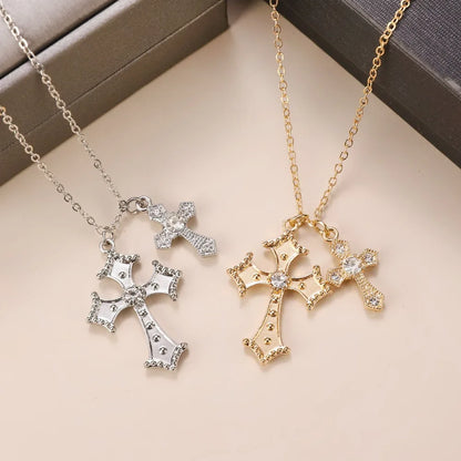 Fashion Double Cross Necklace for Women Collarbone Chain Luxury Zirconia Cross Pendant Necklace Couple Jewelry Halloween Choker