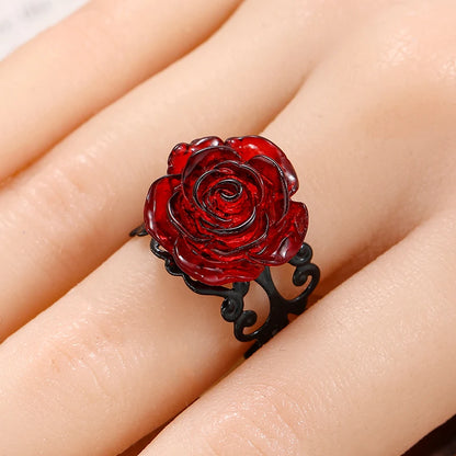 Vintage Gothic Red Rose Ring Adjustable Hollow Rings for Women Witch Pagan Punk Creative Halloween Cool Girl Gift Party Jewelry
