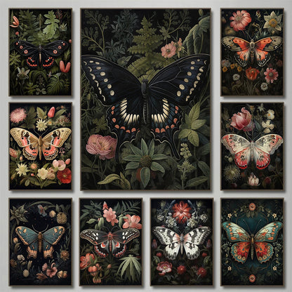 Floral Dark Academia Woodland Blue Moth Black Butterfly Poster Canvas Painting Botanical Wall Art Pictures Halloween Home Decor