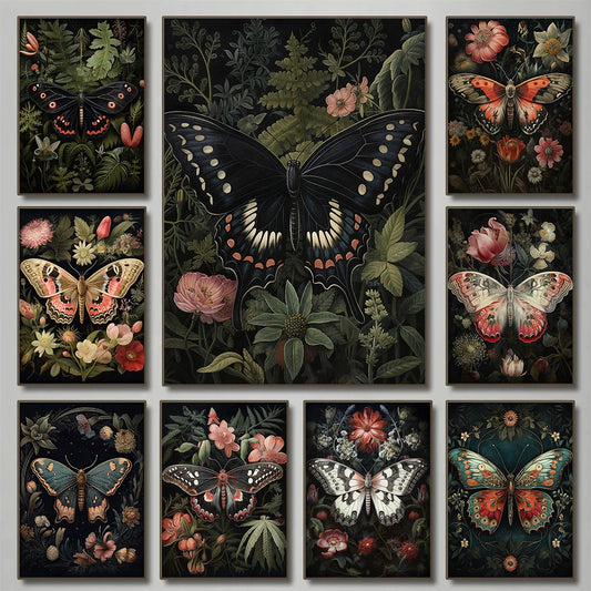 Floral Dark Academia Woodland Blue Moth Black Butterfly Poster Canvas Painting Botanical Wall Art Pictures Halloween Home Decor