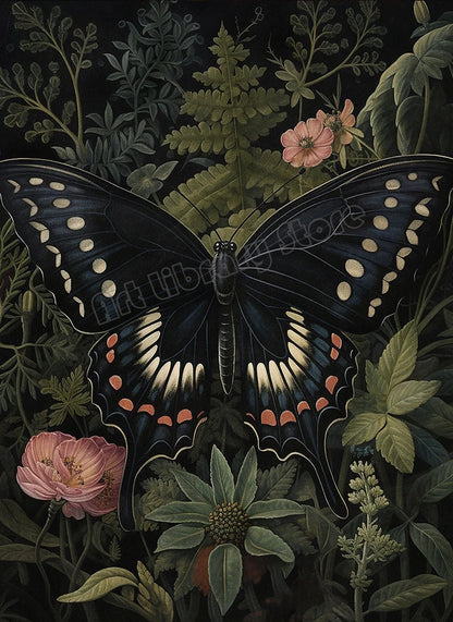 Floral Dark Academia Woodland Blue Moth Black Butterfly Poster Canvas Painting Botanical Wall Art Pictures Halloween Home Decor