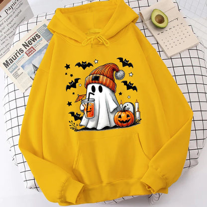 Halloween Ghost Pumpkin Bat Hoodies For Women Fashion Hooded Pullover Teens Casual Long Sleeves Halloween Sweatshirts