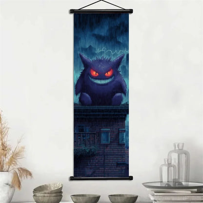 Pokemon Gengar Scroll Art Cloth Anime Characters Wall Hanging Poster Halloween Xmas Decor Fans Collection Home Gifts