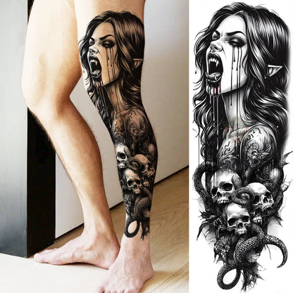 1 Sheet Full Arm Evil Witch Vampire Temporary Tattoos Sleeve Halloween Scary Skull Tatoo Waterproof Horrible Fake Tattoo Sticker