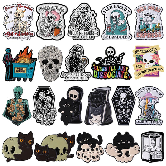 Halloween Skull Ghost Enamel Pins Stay Weird Letters Brooch Cartoon Cloak Black Cat Bone Coffin Sickle Lapel Badges Jewelry Gift