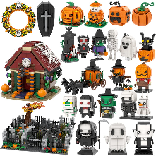 Halloween Festival Series Architecture Pumpkin Carriage Model Set Horror DIY Tombstone Grave MOC Building Block For Kid Toy Gift