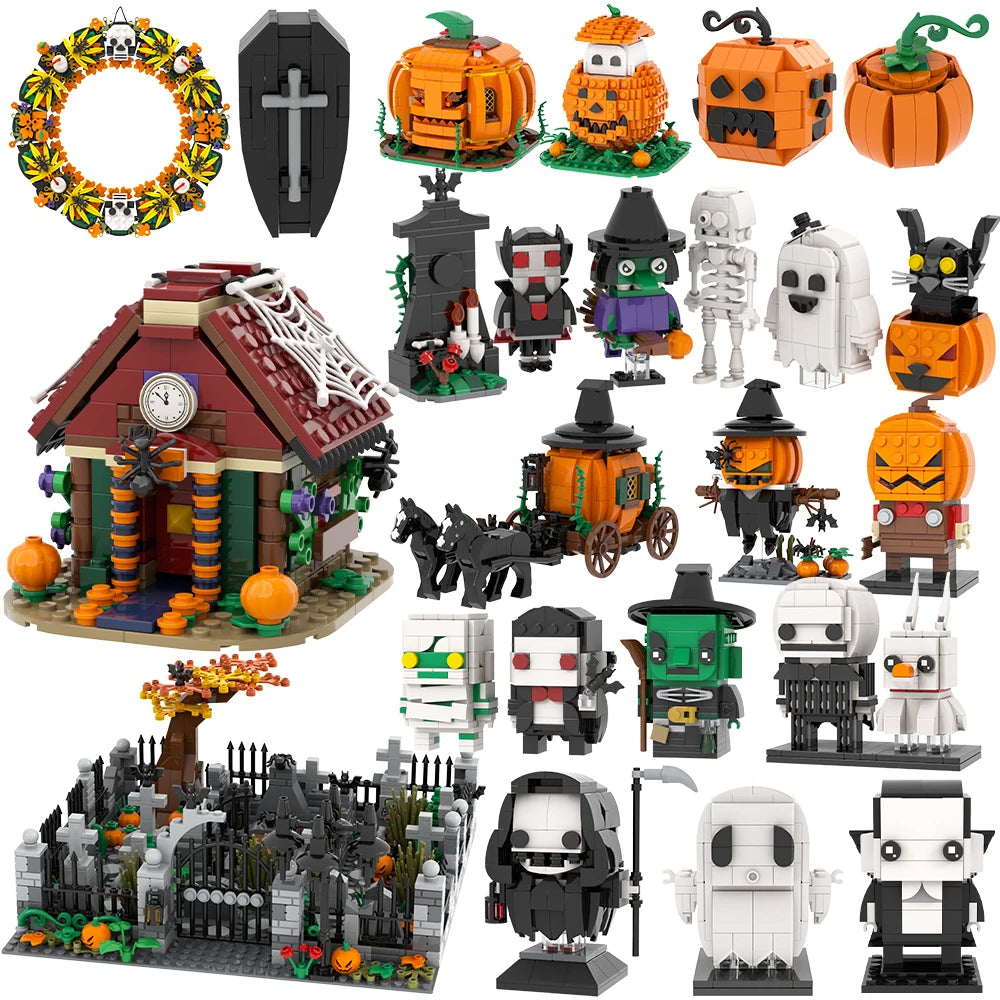 Halloween Festival Series Architecture Pumpkin Carriage Model Set Horror DIY Tombstone Grave MOC Building Block For Kid Toy Gift