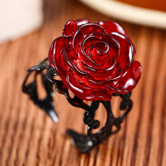 Vintage Gothic Red Rose Ring Adjustable Hollow Rings for Women Witch Pagan Punk Creative Halloween Cool Girl Gift Party Jewelry
