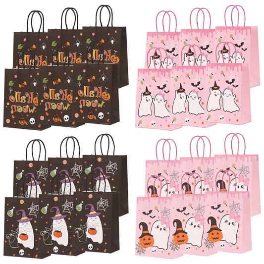 6PCS Halloween Pumpkin Black Pink Candy Gift Bags Trick or Treat Candy Bags with Handles Halloween Party Favor Supplies