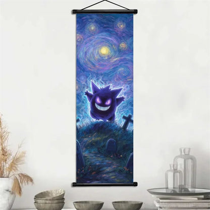 Pokemon Gengar Scroll Art Cloth Anime Characters Wall Hanging Poster Halloween Xmas Decor Fans Collection Home Gifts